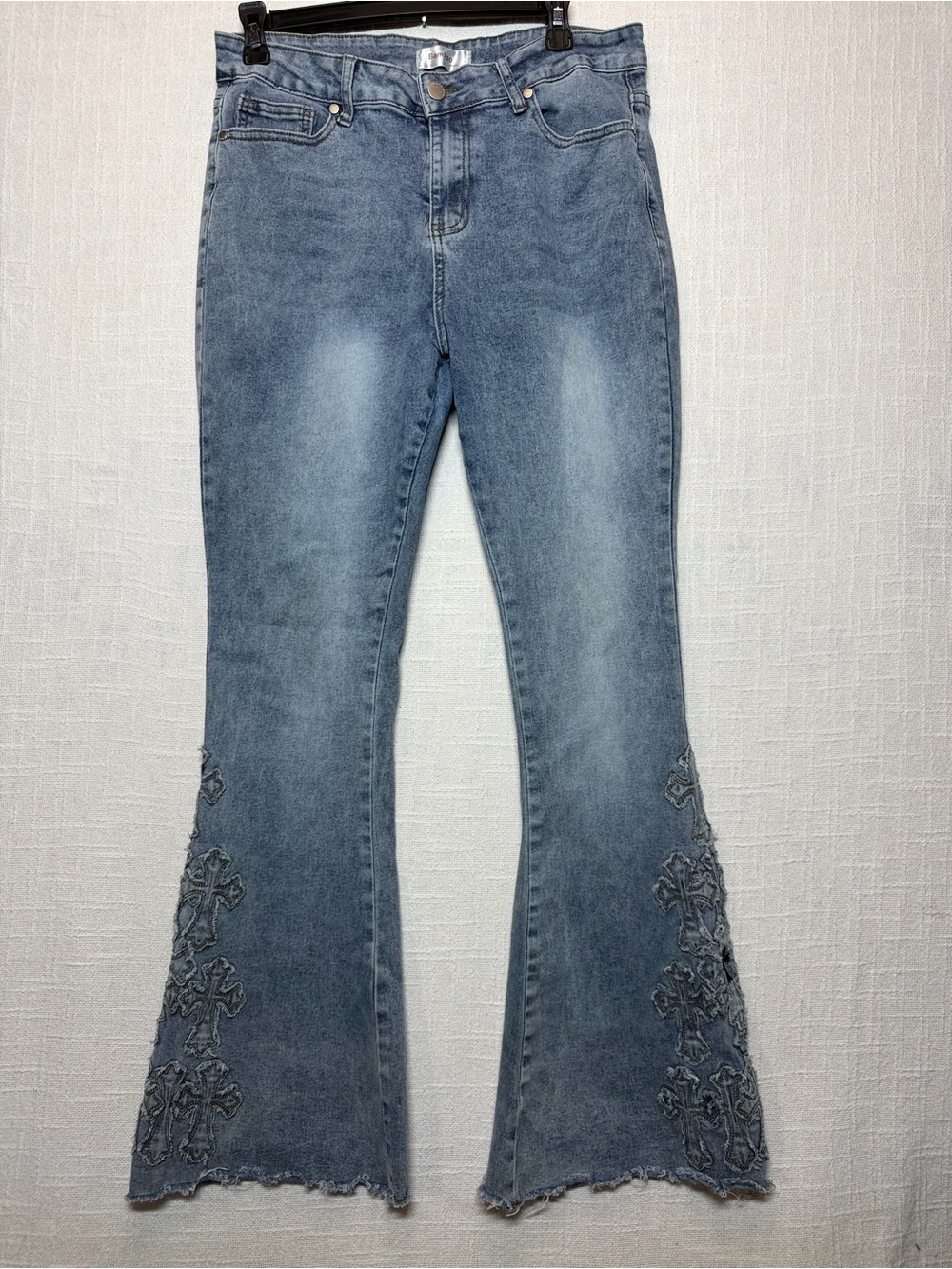 Women’s Bambon Light Blue Embroidered Crosses Flare Jeans